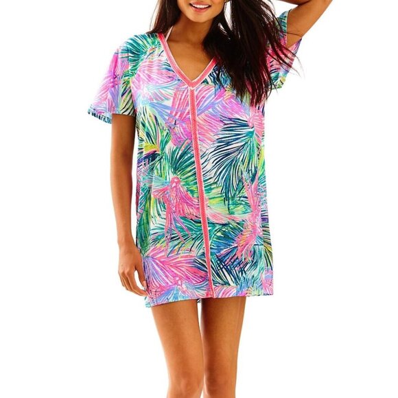 Lilly Pulitzer Other - Lilly Pulitzer Scarlet Macaw BONITA COVERUP VNeck 100% Cotton Tee Dress — Medium